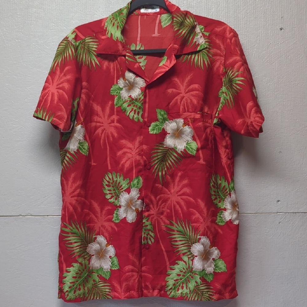 Red Hawaiian Floral Men's Casual Button Down Shirt